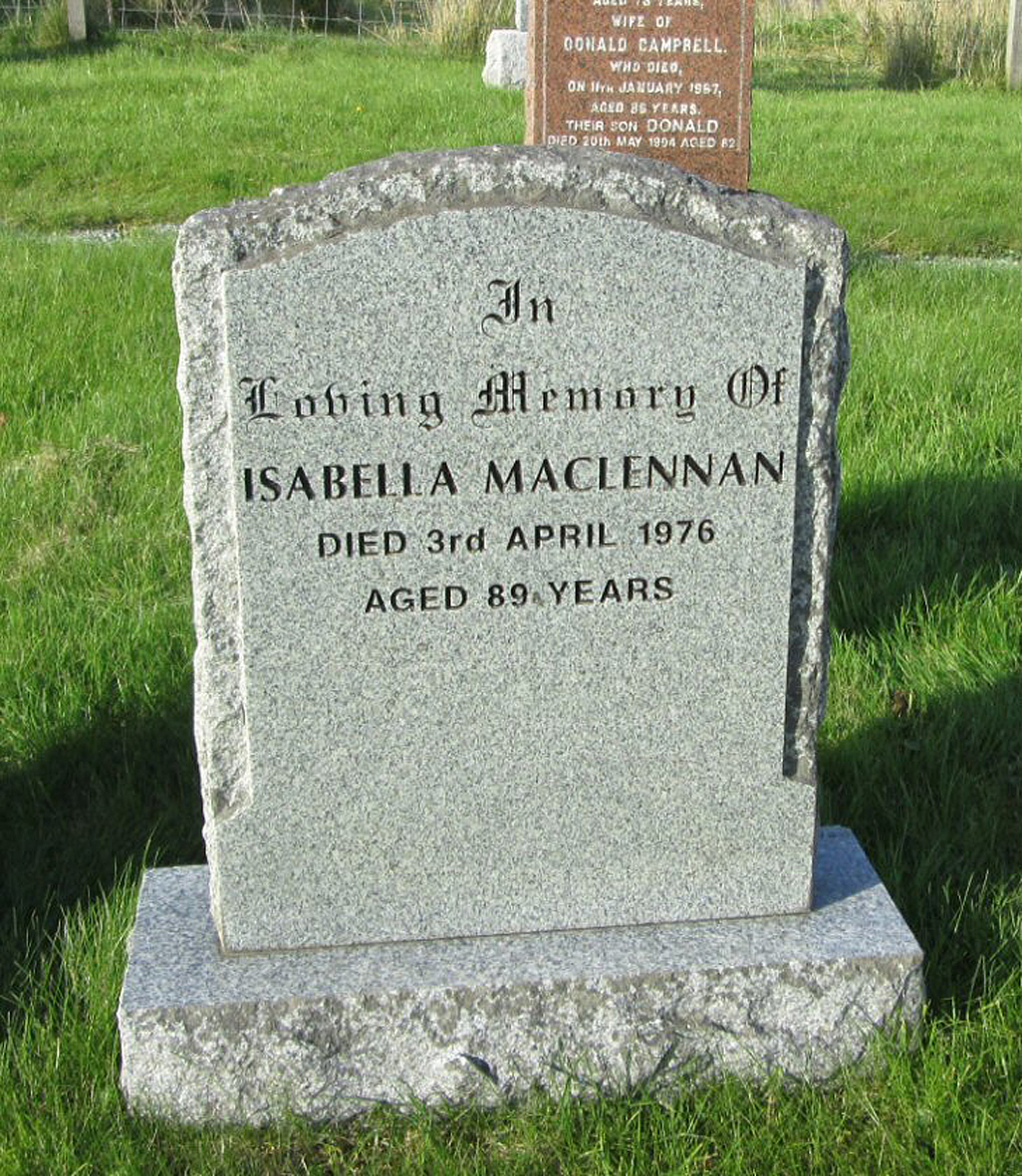 Photo of headstones/Isabella MacLennan died 1976 MI Carbost, Bracadale